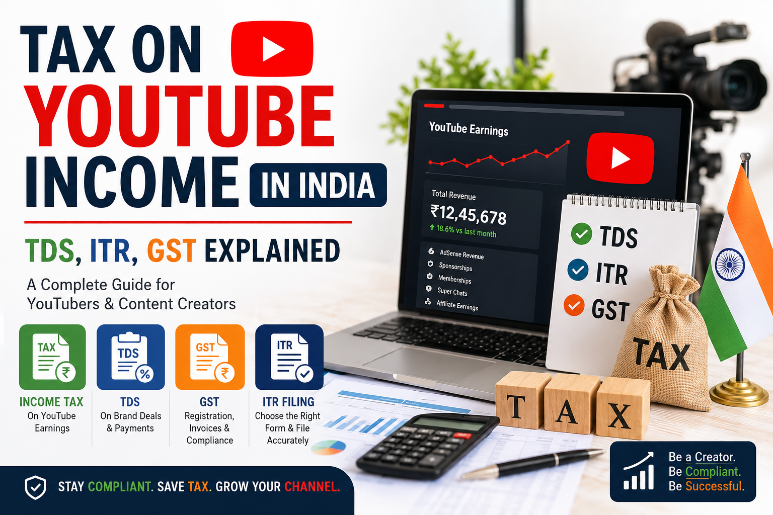 Tax on YouTube Income in India explained with TDS, GST, ITR filing, YouTube earnings dashboard, tax documents, and financial compliance elements for content creators.